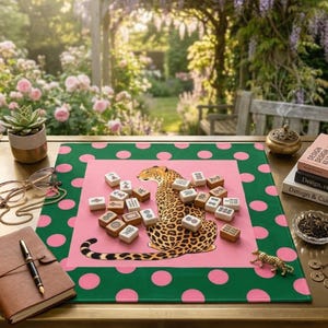 Könnte beinhalten: Eine rosa-grüne Polka-Dot-Matte mit einer Leoparden-Illustration und Mahjong-Steinen. Eine Sukkulente in einem Goldtopf, eine Brille, ein Lederjournal und Bücher befinden sich ebenfalls auf dem Tisch. Eine kleine goldene Leopardenfigur ist im Vordergrund.