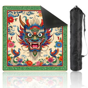 May include: A yoga mat featuring a colorful dragon design with red, blue, green, and yellow accents. The mat has a cream-colored background with floral and cloud motifs, and a black carrying bag.