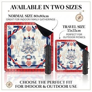 May include: Picnic blanket available in two sizes: normal (80x80cm) and travel (53x53cm). The design features champagne bottles, oysters, and nautical elements in red, white, and blue. Includes a black carrying case. Text reads: "Available in Two Sizes" and "Choose the Perfect Fit for Indoor & Outdoor Use."