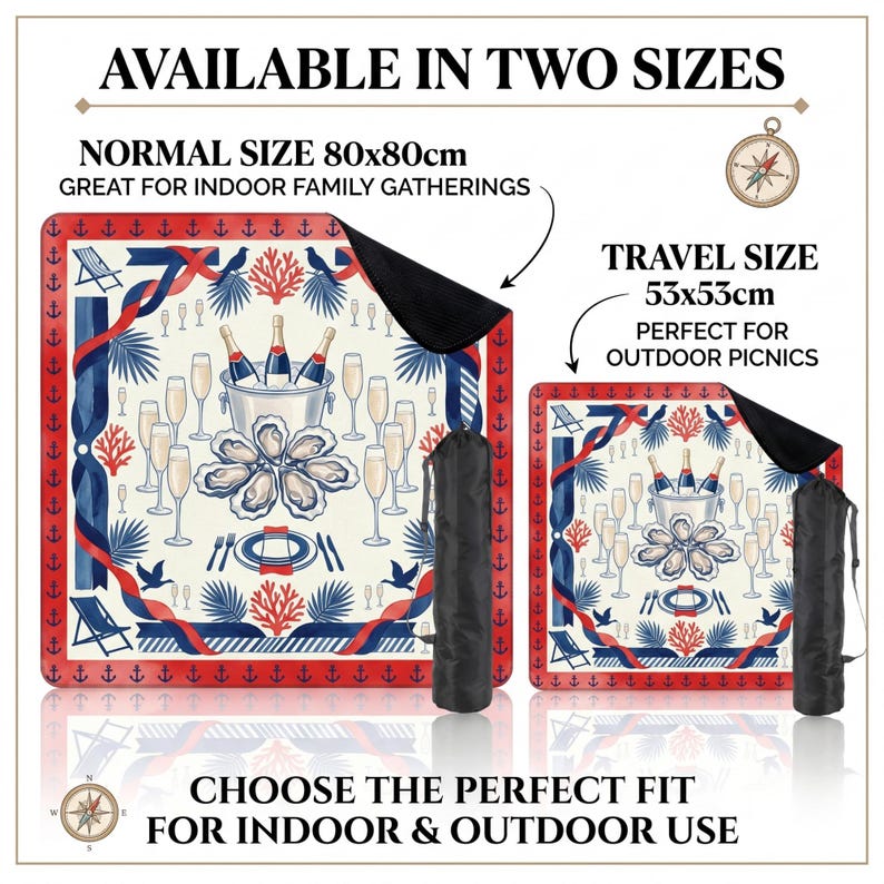 May include: Picnic blanket available in two sizes: normal (80x80cm) and travel (53x53cm). The design features champagne bottles, oysters, and nautical elements in red, white, and blue. Includes a black carrying case. Text reads: "Available in Two Sizes" and "Choose the Perfect Fit for Indoor & Outdoor Use."