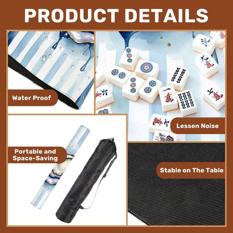 May include: Product details image showing a blue and white waterproof mat, a set of white Mahjong tiles, and a black carrying case. The mat is rolled up and the case is next to it. Text on the image includes "Water Proof", "Lessen Noise", and "Stable on The Table".