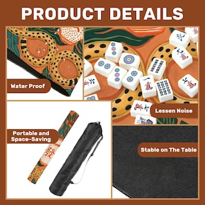 May include: A detailed image showcasing a Mahjong set. The set includes white tiles with Chinese characters and symbols, a patterned mat, and a black carrying case. The mat features a colorful design with orange and green hues. The text on the image says "Water Proof", "Portable and Space-Saving", "Lessen Noise", and "Stable on The Table".