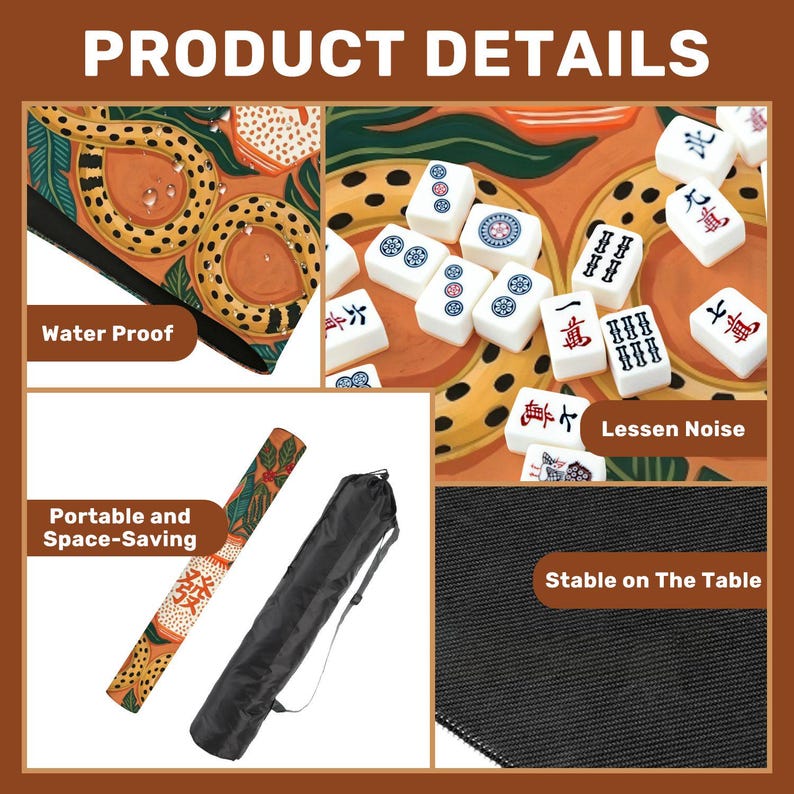 May include: A detailed image showcasing a Mahjong set. The set includes white tiles with Chinese characters and symbols, a patterned mat, and a black carrying case. The mat features a colorful design with orange and green hues. The text on the image says "Water Proof", "Portable and Space-Saving", "Lessen Noise", and "Stable on The Table".