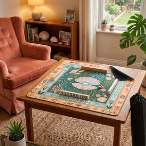 Puede incluir: Una mesa cuadrada de madera con un tapete de juego colorido con un dise&ntilde;o de perlas y vida marina. La alfombra est&aacute; rodeada por un borde floral. Una bolsa negra est&aacute; al lado de la mesa. Un sill&oacute;n rosa y una estanter&iacute;a de madera est&aacute;n en el fondo.