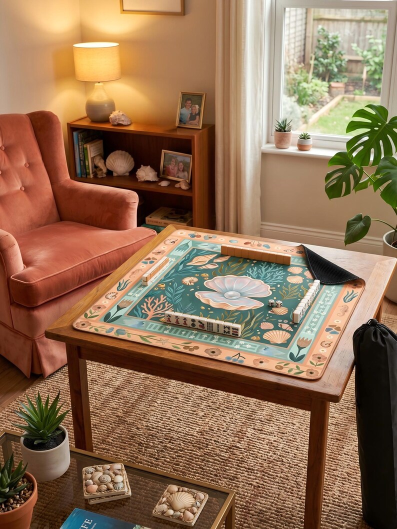 Puede incluir: Una mesa cuadrada de madera con un tapete de juego colorido con un dise&ntilde;o de perlas y vida marina. La alfombra est&aacute; rodeada por un borde floral. Una bolsa negra est&aacute; al lado de la mesa. Un sill&oacute;n rosa y una estanter&iacute;a de madera est&aacute;n en el fondo.