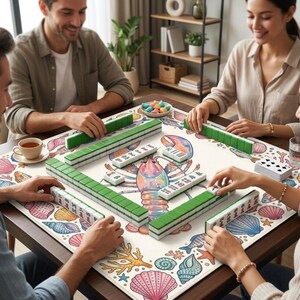 May include: A Mahjong game in progress, with green and white tiles arranged on a table. The mat features a lobster and seashell design. Players are gathered around the table, interacting with the game. A cup of tea is also visible.