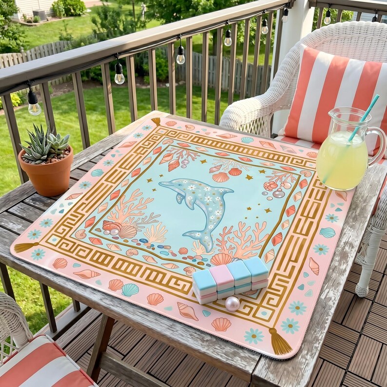 May include: A square, pink and blue mat with a dolphin illustration, seashells, and coral. The mat has a gold border with a Greek key design. A pitcher of lemonade and a set of colorful blocks sit on the mat, which is on a wooden table.