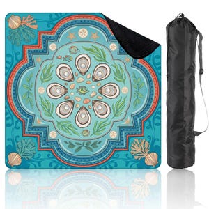 May include: A square yoga mat with a sea-themed design featuring oysters, seashells, and fish in shades of teal, blue, and orange. The mat is accompanied by a black carrying bag with a drawstring closure.