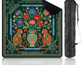 Chinoiserie Monkey Blommig Mahjongmatta med Charleston-regler, Exotiskt spelbordsöverdrag, Halkfri spelmatta med förvaringspåse