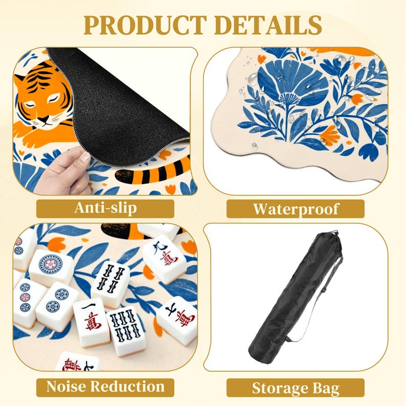 May include: Product details of a mahjong set, including an anti-slip mat with a tiger design, a waterproof surface with floral patterns, and a storage bag. The set also features noise reduction.