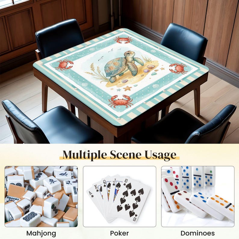 May include: A square wooden table featuring a sea turtle and crab design on the tabletop. The table is surrounded by four black chairs. The image also shows examples of Mahjong, Poker, and Dominoes.