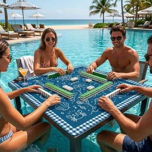 Tapete de Mahjong Náutico, Tapete de Juego Cuadrado de 80 cm (31,5") con Estampado de Cuadros Azules, Mantel Costero, Decoración para Noches de Juegos con Estética de Vacaciones de Verano imagen 4