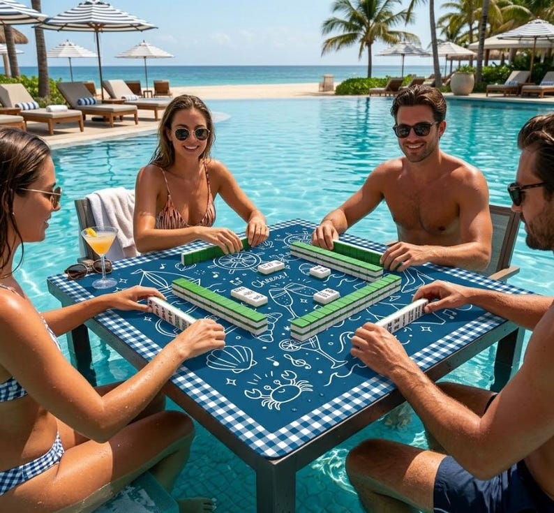 Tapete de Mahjong Náutico, Tapete de Juego Cuadrado de 80 cm (31,5") con Estampado de Cuadros Azules, Mantel Costero, Decoración para Noches de Juegos con Estética de Vacaciones de Verano imagen 4