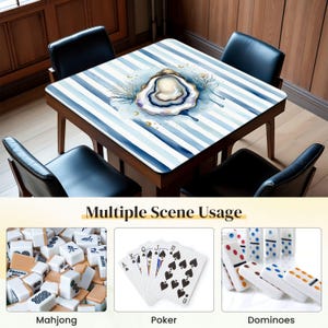 May include: A square wooden game table with a blue and white striped design and an oyster illustration. The table is surrounded by four black chairs. The image also shows mahjong tiles, poker cards, and dominoes.