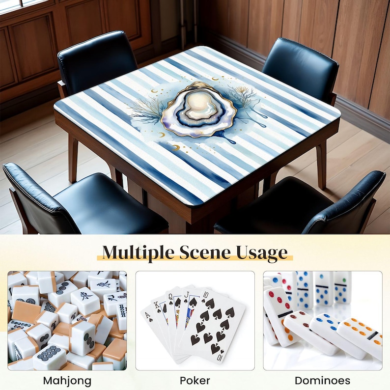 May include: A square wooden game table with a blue and white striped design and an oyster illustration. The table is surrounded by four black chairs. The image also shows mahjong tiles, poker cards, and dominoes.