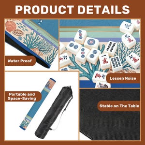 Op de afbeelding: Een blauwe en beige Mahjong-mat met een schelp- en koraalontwerp, samen met witte tegels. De mat is waterdicht, draagbaar en ruimtebesparend. De tekst op de afbeelding luidt "Product Details", "Water Proof", "Lessen Noise", "Portable and Space-Saving" en "Stable on The Table".