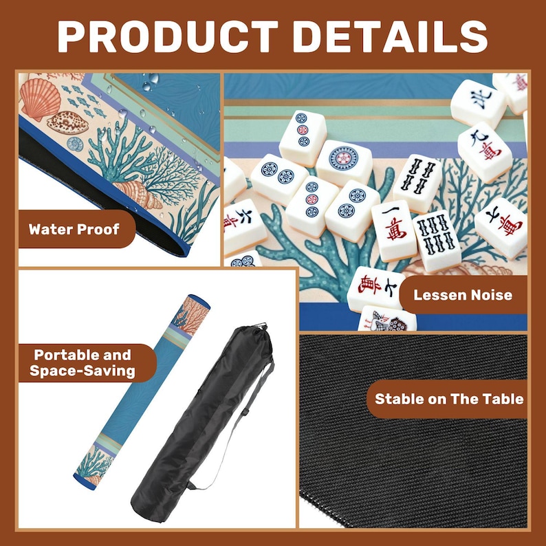 Op de afbeelding: Een blauwe en beige Mahjong-mat met een schelp- en koraalontwerp, samen met witte tegels. De mat is waterdicht, draagbaar en ruimtebesparend. De tekst op de afbeelding luidt "Product Details", "Water Proof", "Lessen Noise", "Portable and Space-Saving" en "Stable on The Table".