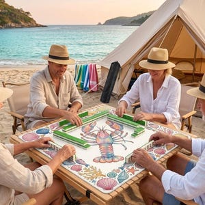 Coastal Lobster Mahjong Mat - Nautical Sea Life Table Cover for Card Games & Dominoes - Large 31.5" Square Non-Slip Rubber Game Mat Gift image 2