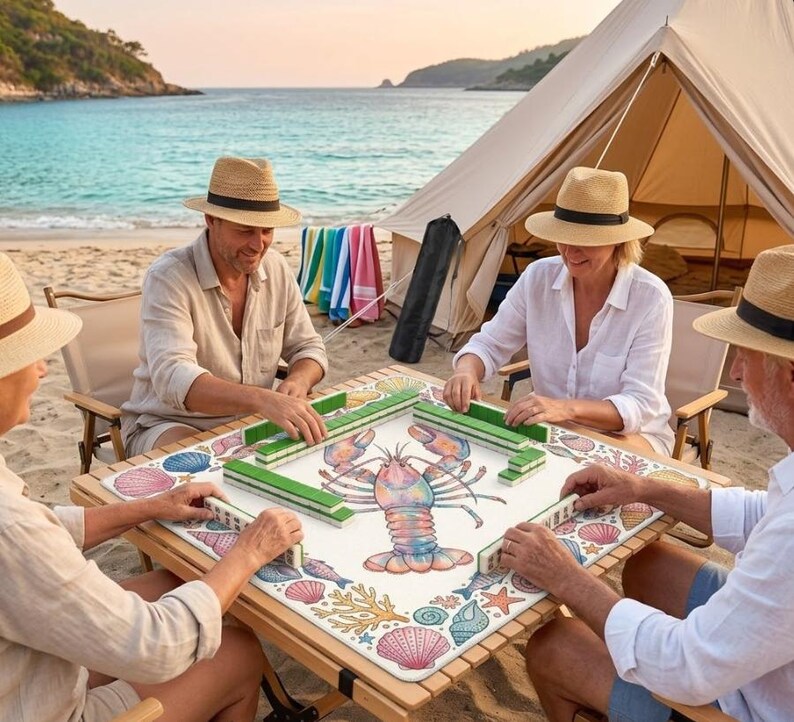 Coastal Lobster Mahjong Mat - Nautical Sea Life Table Cover for Card Games & Dominoes - Large 31.5" Square Non-Slip Rubber Game Mat Gift image 2