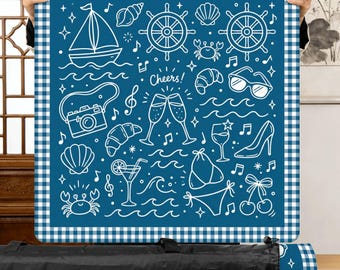 Nautical Mahjong Mat, 31.5" Square Blue Gingham Play Mat, Coastal Table Cover, Summer Vacation Aesthetic Game Night Decor