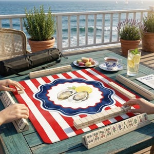 Tappetino da Mahjong Coastal Oyster - 80 cm, elegante tovaglia a righe rosse e bianche - Tappeto antiscivolo color limone per Mahjong - Regalo perfetto per la padrona di casa a tema nautico