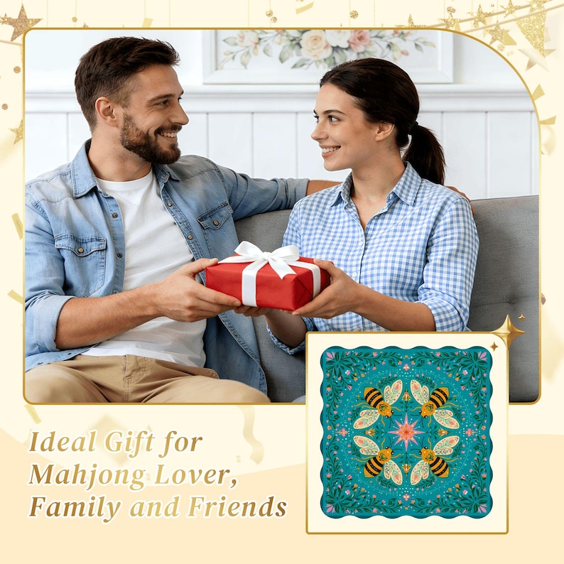 May include: A couple exchanging a red gift box tied with a white ribbon. The image includes a decorative square with a teal background and a floral and bee design. Text reads: Ideal Gift for Mahjong Lover, Family and Friends.