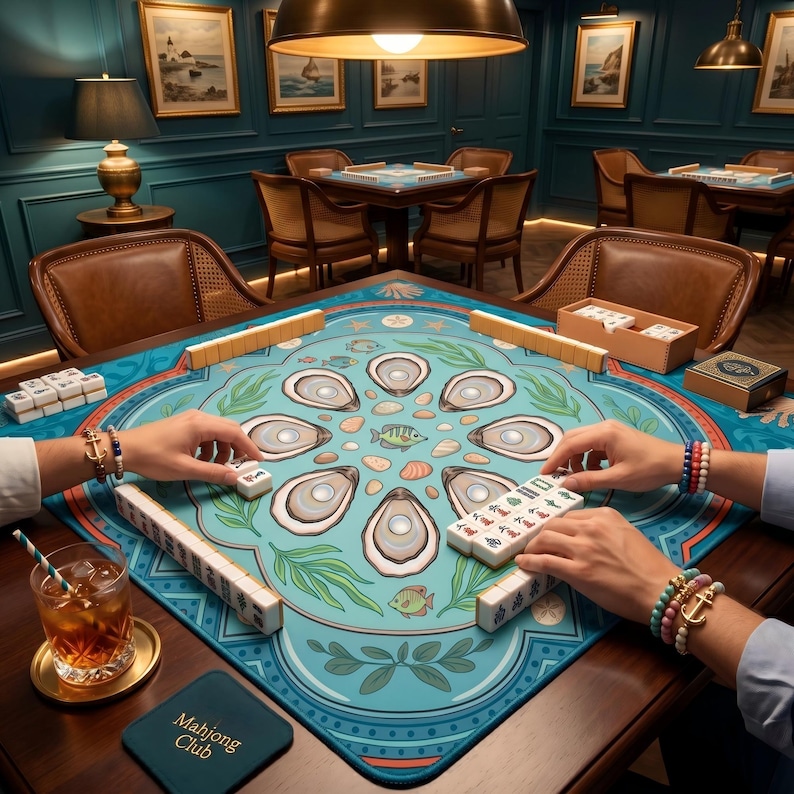 May include: A mahjong game in progress, featuring a teal playing surface with an oyster and seashell design. The game is set on a dark wood table, with players' hands holding tiles. A drink and a coaster with "Mahjong Club" are visible.