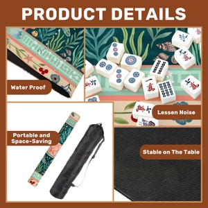 May include: A detailed image showcasing a Mahjong set with a green and floral patterned mat. The set includes white tiles with black and red markings. The image highlights features like water resistance, portability, and noise reduction.