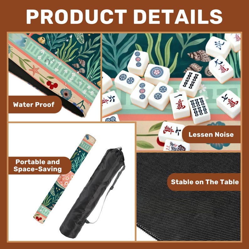 May include: A detailed image showcasing a Mahjong set with a green and floral patterned mat. The set includes white tiles with black and red markings. The image highlights features like water resistance, portability, and noise reduction.