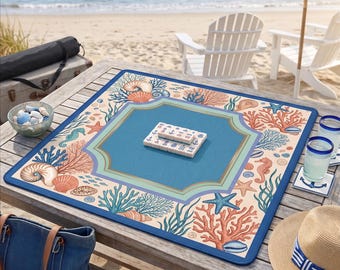 Coastal Preppy American Mahjong Mat 31", Ocean Coral Blue Mahjong Tile Mat, Board Game Table Cover, Beach House Decor, Gift