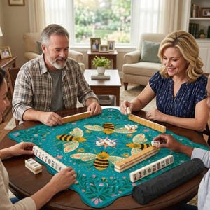 May include: A round wooden table with four people playing a game of Mahjong. The game board is teal with a bee design. The players are holding and arranging the tiles. The room has a window and a lamp.