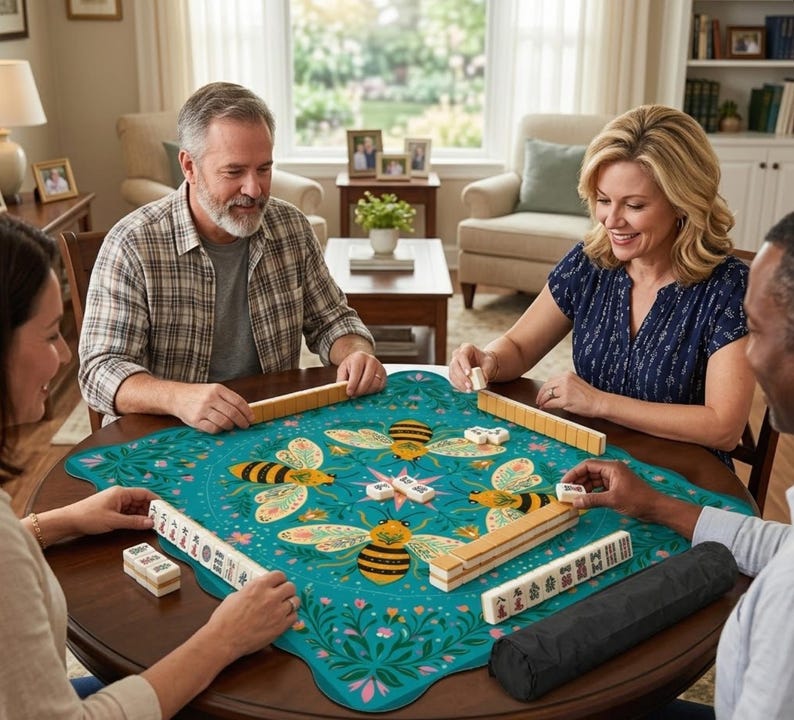 May include: A round wooden table with four people playing a game of Mahjong. The game board is teal with a bee design. The players are holding and arranging the tiles. The room has a window and a lamp.