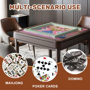 May include: A wooden mahjong table with a pink floral patterned surface, surrounded by green and white tiles. The image also shows mahjong tiles, poker cards, and dominoes. The text "MULTI-SCENARIO USE" is displayed at the top.