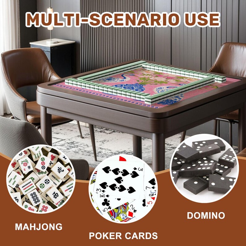 May include: A wooden mahjong table with a pink floral patterned surface, surrounded by green and white tiles. The image also shows mahjong tiles, poker cards, and dominoes. The text "MULTI-SCENARIO USE" is displayed at the top.