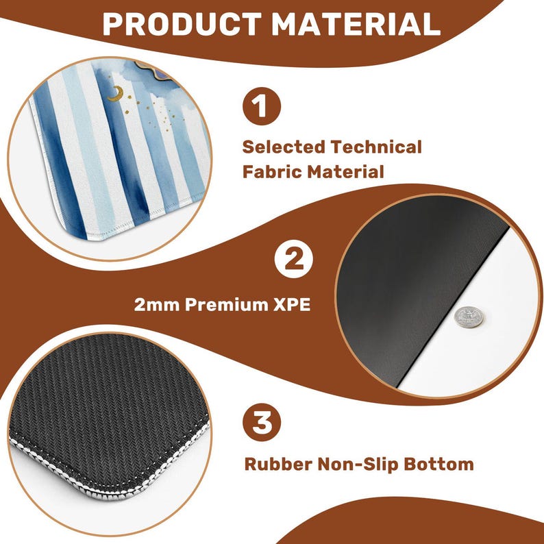 May include: A product material graphic showing three key features: selected technical fabric material, 2mm premium XPE, and a rubber non-slip bottom. The design includes a blue and white striped pattern. Measurements are in millimeters.