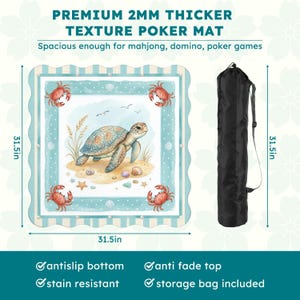 May include: A poker mat with a sea turtle design, measuring 80 cm square. The mat features a blue and white border with red crabs. Includes a black storage bag. The text reads "PREMIUM 2MM THICKER TEXTURE POKER MAT".