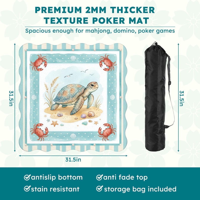 May include: A poker mat with a sea turtle design, measuring 80 cm square. The mat features a blue and white border with red crabs. Includes a black storage bag. The text reads "PREMIUM 2MM THICKER TEXTURE POKER MAT".
