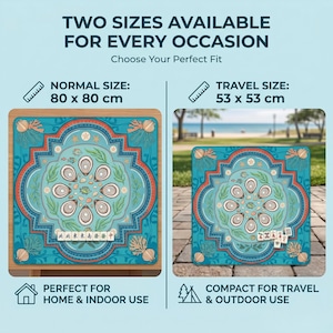 May include: Two square game mats in teal with an oyster and seashell design. The larger mat is 31.5 x 31.5 inches, and the smaller is 20.9 x 20.9 inches. Text on the mats reads "Two sizes available for every occasion."