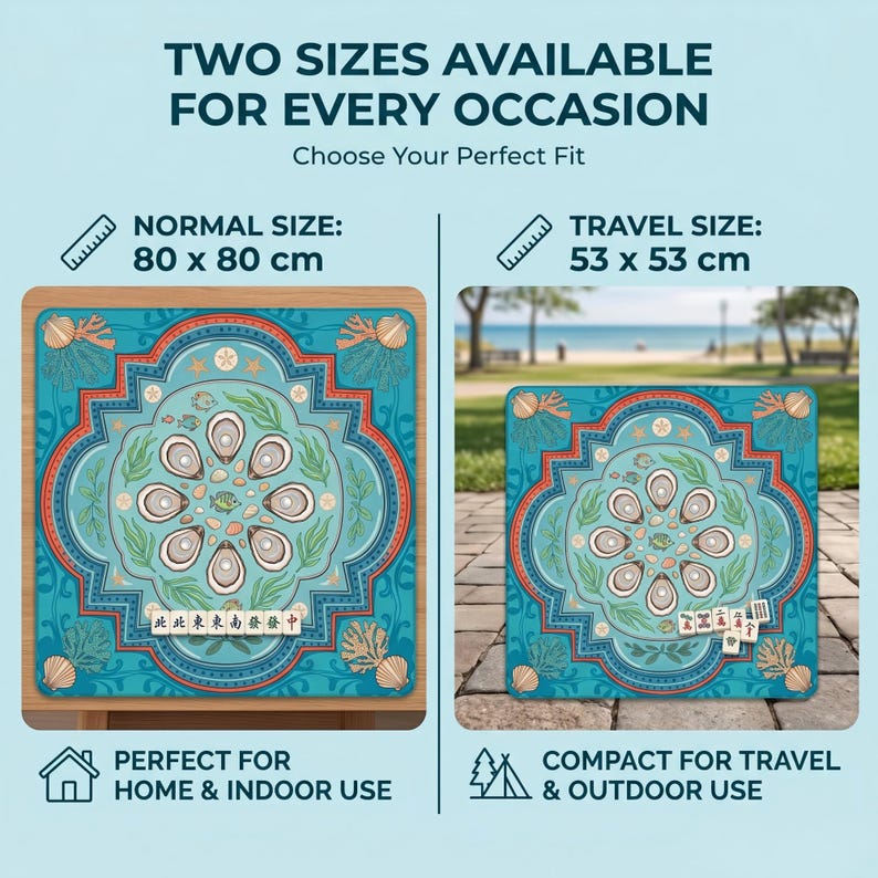 May include: Two square game mats in teal with an oyster and seashell design. The larger mat is 31.5 x 31.5 inches, and the smaller is 20.9 x 20.9 inches. Text on the mats reads "Two sizes available for every occasion."