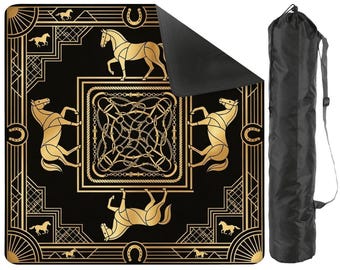 Scalloped Equestrian Horse Mahjong Mat, Black Gold Game Mat, Preppy Horse Lover Gift, Non-Slip Table Protector for Game Night