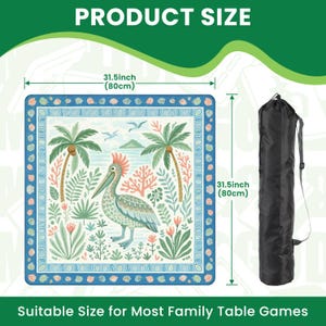 May include: A square, tropical-themed game mat, 31.5 inches (80cm) on each side, featuring a pelican, palm trees, and coral. The mat has a blue border and comes with a black carrying bag. Text on the image reads "PRODUCT SIZE" and "Suitable Size for Most Family Table Games."