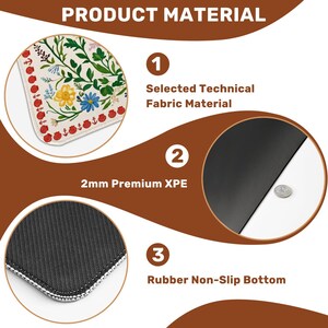 Puede incluir: Una imagen que detalla el material del producto de una alfombra. La capa superior es un material de tejido t&eacute;cnico seleccionado con un dise&ntilde;o floral. La capa intermedia es XPE premium de 2 mm, y la capa inferior es de goma antideslizante.