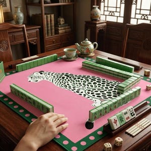 Pode incluir: Uma mesa de jogo de Mahjong rosa com uma borda verde e um desenho de leopardo. As peças de Mahjong verdes e brancas estão dispostas sobre a mesa. Uma mão é visível, juntamente com dados, um serviço de chá e móveis de madeira.