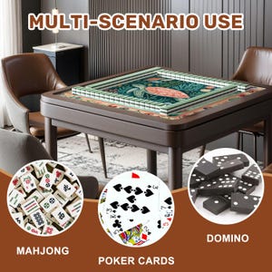 May include: A dark brown wooden game table with a green and beige patterned surface, surrounded by Mahjong tiles, poker cards, and dominoes. The text "MULTI-SCENARIO USE", "MAHJONG", "POKER CARDS", and "DOMINO" are visible.