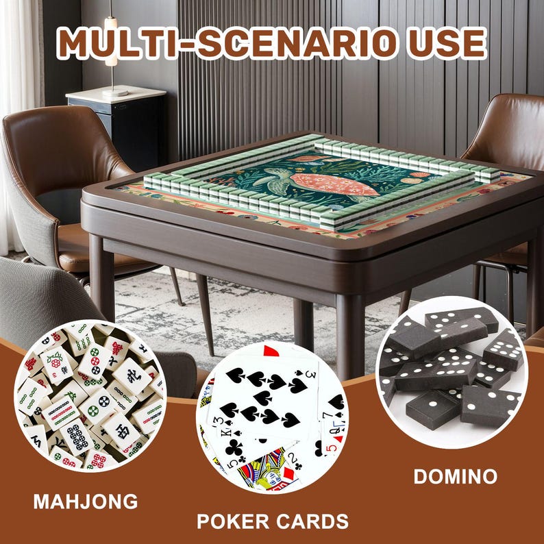 May include: A dark brown wooden game table with a green and beige patterned surface, surrounded by Mahjong tiles, poker cards, and dominoes. The text "MULTI-SCENARIO USE", "MAHJONG", "POKER CARDS", and "DOMINO" are visible.