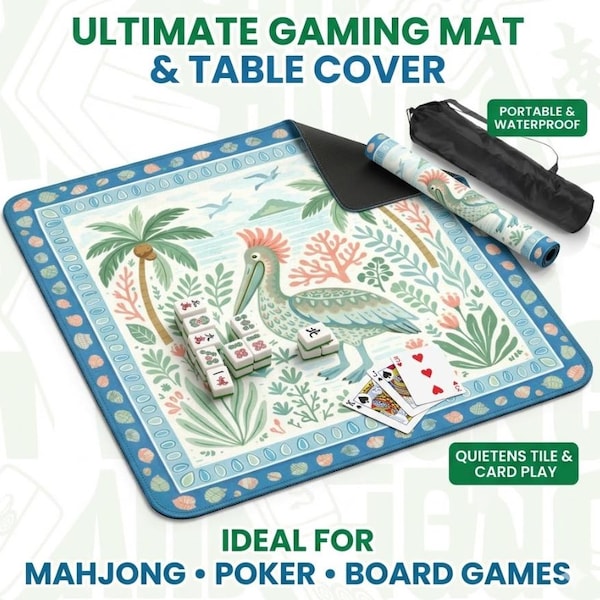 Pelican Mahjongmatta 31,5" - Halkfritt bordsöverdrag för brädspel och poker, kustnära lekmatta med bärväska för spelkvällsdekorationer