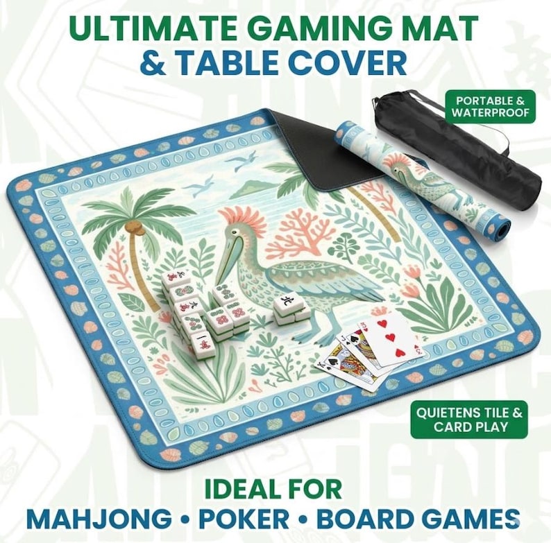 May include: A gaming mat and table cover with a coastal design, featuring a pelican, palm trees, and coral. The mat includes mahjong tiles and playing cards. Text on the mat reads "ULTIMATE GAMING MAT & TABLE COVER" and "IDEAL FOR MAHJONG &bull; POKER &bull; BOARD GAMES."