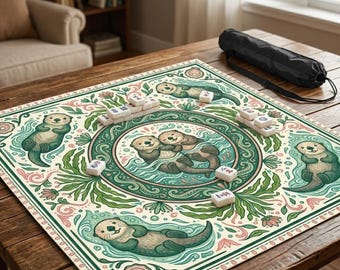 Cute Otter Mahjong Mat - 31.5" Non-Slip Coastal Square Table Cover, Silent Board Game Playmat with Carrying Bag - Green & Pink Hostess Gift