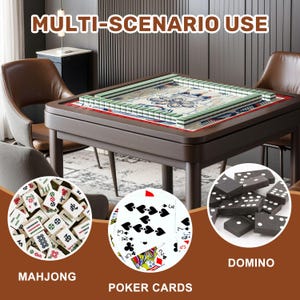 May include: A dark brown wooden game table with a green and white Mahjong set. The image also shows Mahjong tiles, poker cards, and dominoes. The text "MULTI-SCENARIO USE", "MAHJONG", "POKER CARDS", and "DOMINO" are visible.