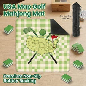 May include: A green and white checkered USA map golf mahjong mat with a golf ball, club, and flag design. The mat includes a carrying bag and is surrounded by green and white mahjong tiles. The text "Premium Non-Slip Rubber Backing" is visible.